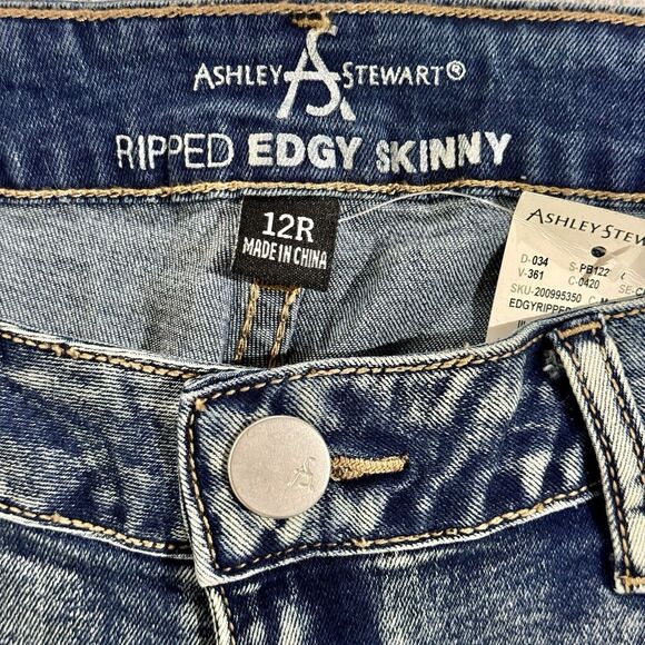 Ashley Stewart NWT Jeans Size 12 Ripped Edgy Skinny Medium Blue Wash Distressed - Picture 3 of 11